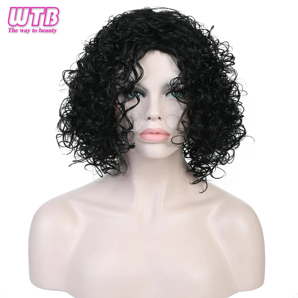 WTB Black Kinky Curly Wigs Heat Resistsnt Synthetic Short Wig for Women