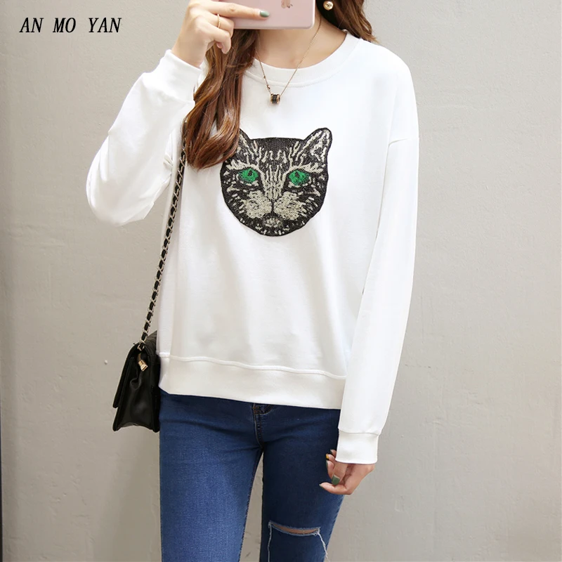 

Spring Autumn Women's Cotton Liner Thin Sweatshirt Cat Sequin Embroidery Harajuku Hoodie Loose Clothing Pullover Female Tops