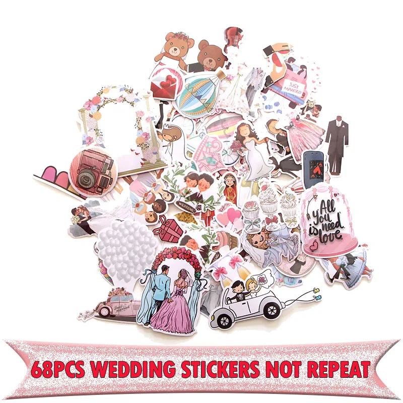 68pcs Wedding theme Creative badges DIY decorative stickers Cartoon for DIY PC wall notebook phone case scrapbooking album E0001 korean ins cartoon animation creative cute stickers pvc waterproof colorful paster notebook album stationery decorative sticker