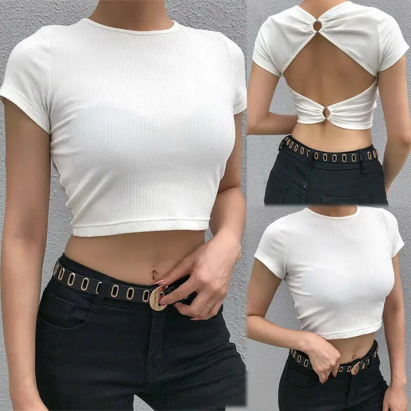 

Fashion Womens Sexy O Neck Short Sleeve Backless Hook Stitching White Slim Basic Cropped Tops Short T-Shirt Casual