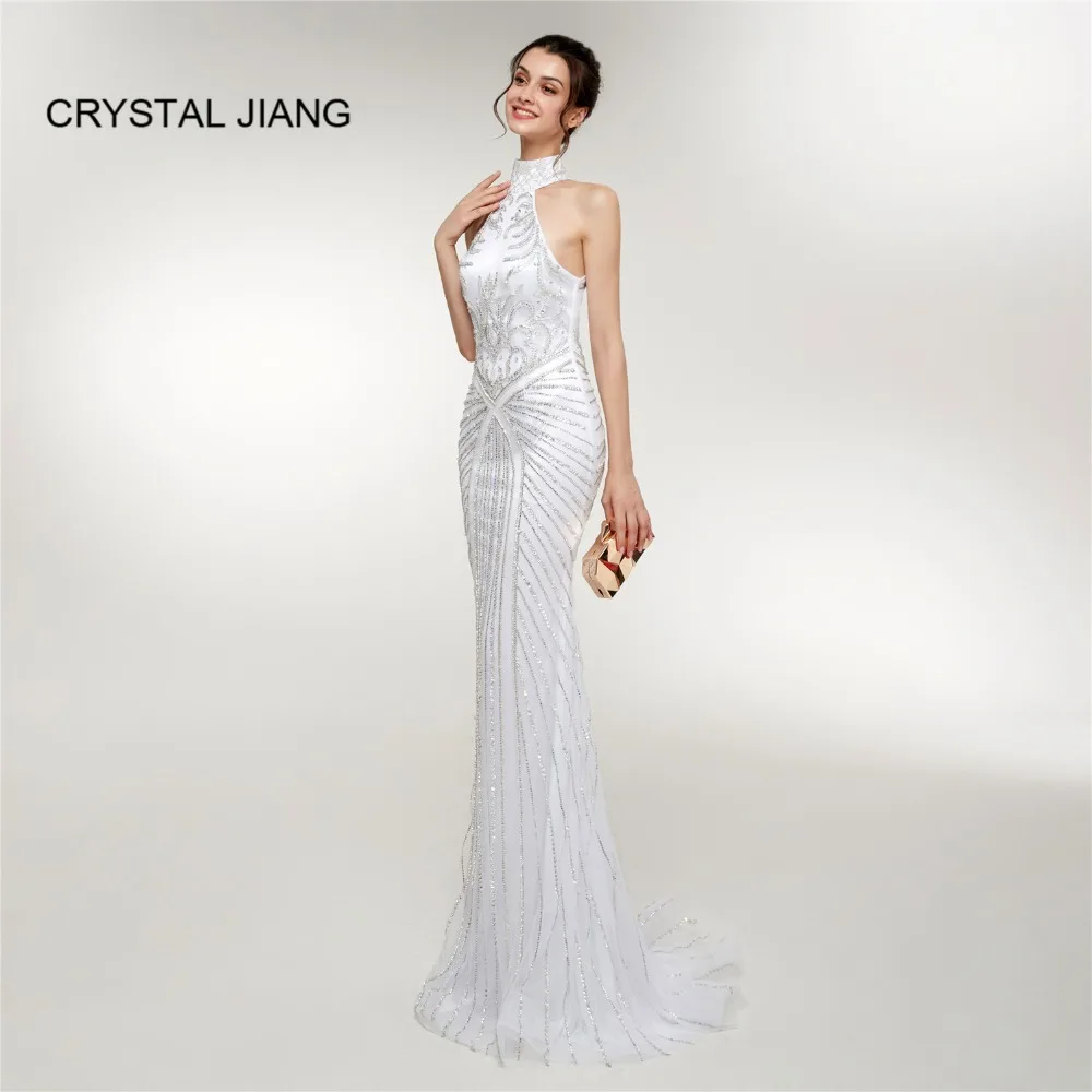 Кристалл Цзян Robe De Soiree сексуальное с высоким воротником, со стразами бисером на заказ Замочная скважина сзади белое Формальное роскошное вечернее платье настоящая фотография