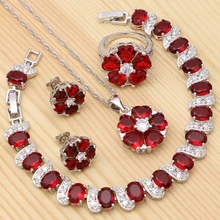 Silver 925 Bridal Jewelry Sets For Women Red Flower Cubic Zirconia White Crystal Ring Bracelet Necklace Pendant Earrings
