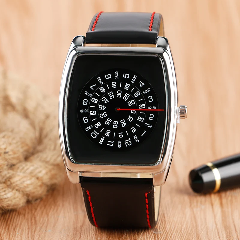 

Hot Sale Rectangle Dial Case Wristwatch Arabic Numbers Turntable Fashion Leather Band Strap Men Women Quartz Watch
