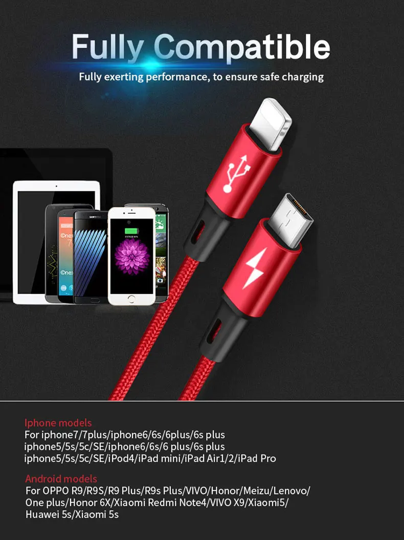 NOHON 2 в 1 USB кабель для iPhone 8X7 6 6S Plus 5 5S iPad iPod 8pin Micro USB кабель для быстрой зарядки нейлоновый провод