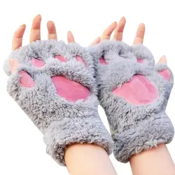 Осень-зима перчатки Для женщин толстые теплые перчатки без пальцев пушистый медведь кошка плюшевые лапа коготь половины пальцев перчатки