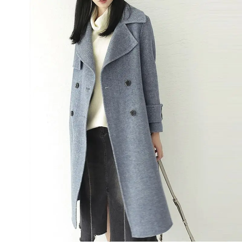 Женские двубортные шерстяные пальто зимние длинные утепленные двубортные кашемировые куртки женские высокого качества шерстяные парки FP1731 - Color: Sky blue