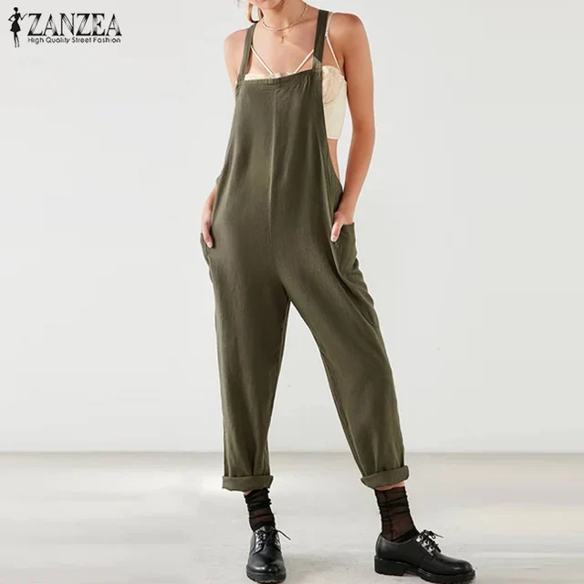 Fashion Cotton Linen Jumpsuits ZANZEA Women Dungarees Solid Backless Suspender Casual Rompers Harem Pants Trousers Bib Overalls
