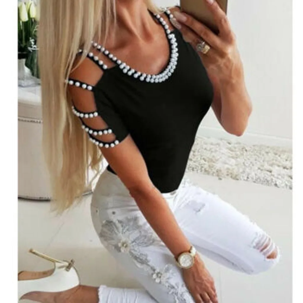 

women's shirt Women's Strapless shoulder Cold Shoulder Crew Neck T-shirt Tops Short Sleeve Loose Casual T-shirts for women