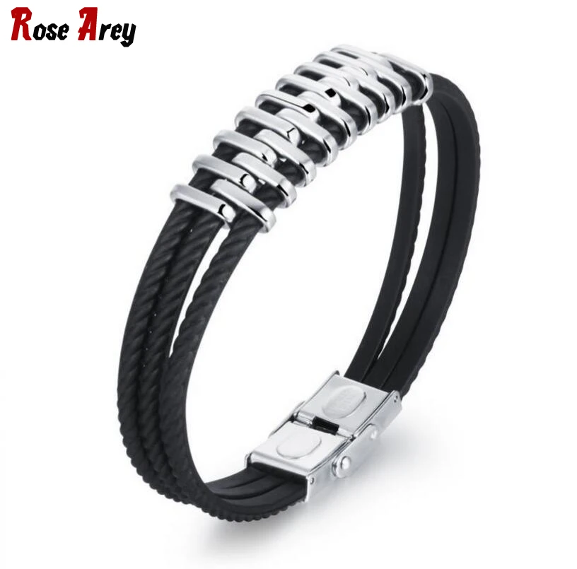 Wholesale Three Layers Silicone Man Bracelet Stainless Steel Rubber