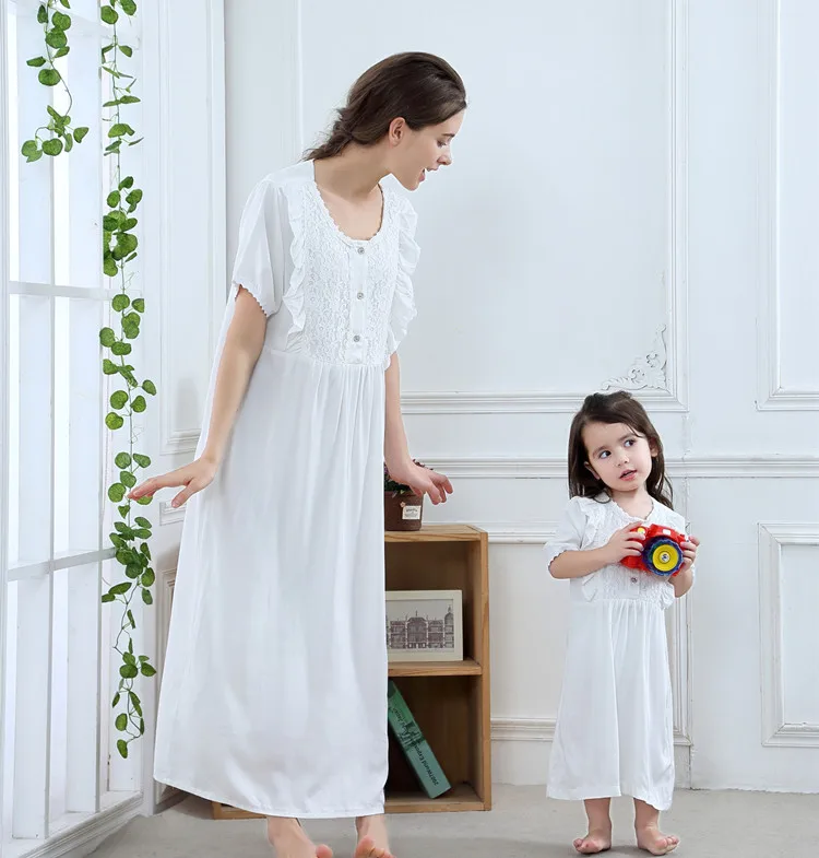 Ночная рубашка в ретро стиле, пижамы для девочек, семейные платья для мамы и дочки, женские ночные рубашки для девочек, платье для мамы и дочки - Цвет: Белый