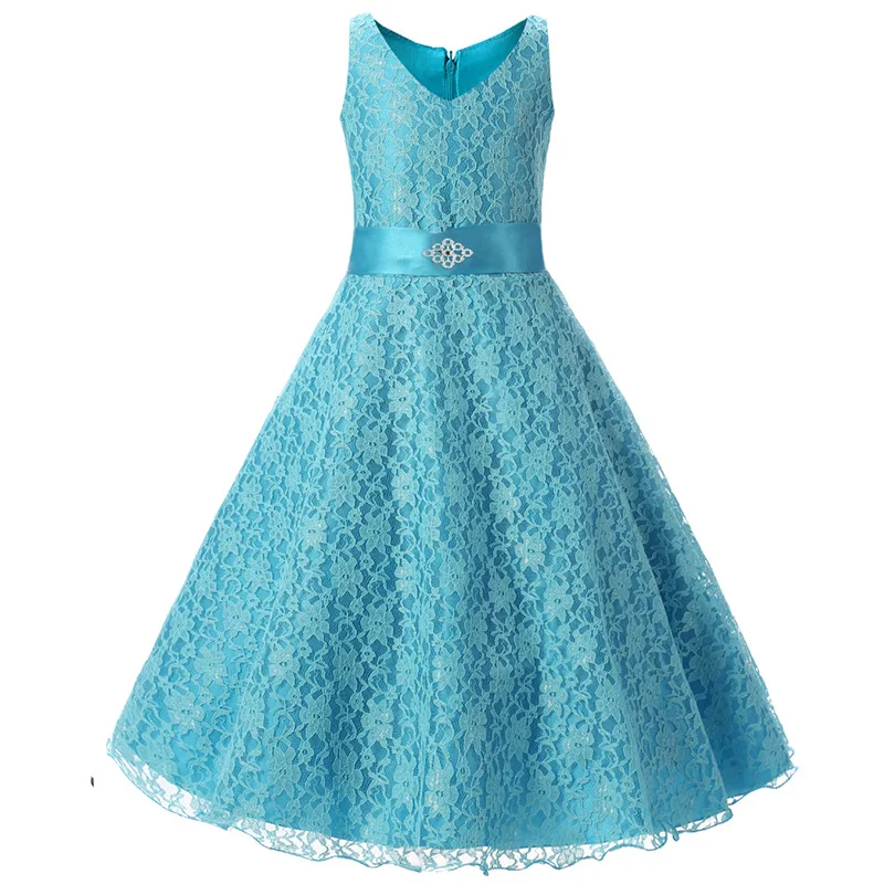 

Teen Girls Lace Full Pincess Dress Birthday Evening Party kids Wedding Diamond Bling Belt frocks For 5 6 8 10 12 14 Years
