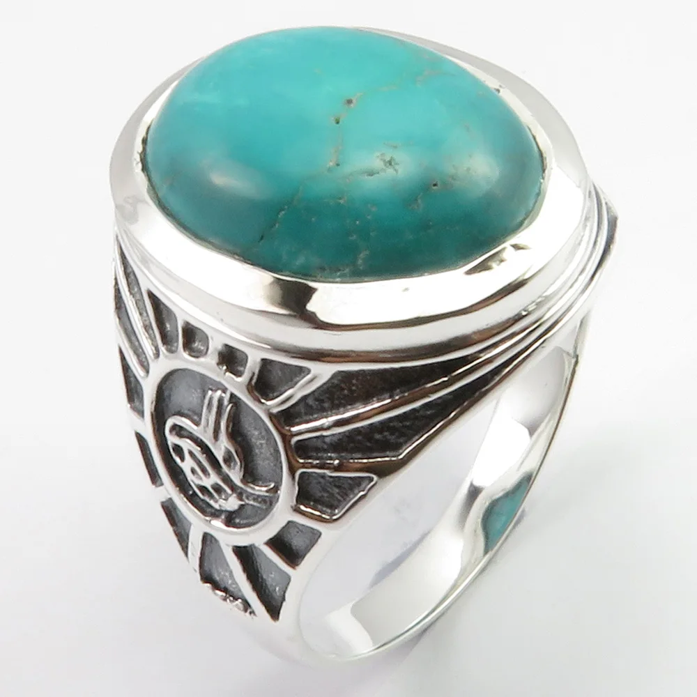 

Oval Turquoises Men Ring Size 12 Silver Women Engagement Jewellery Unique Designed