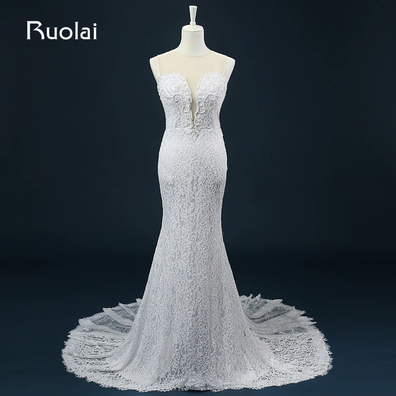 Real Picture Scoop Mermaid Sweep Train Lace with Pearls font b Wedding b font Dresses 2016