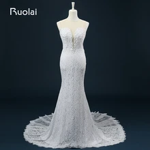 Real Picture Scoop Mermaid Sweep Train Lace with Pearls font b Wedding b font Dresses 2016