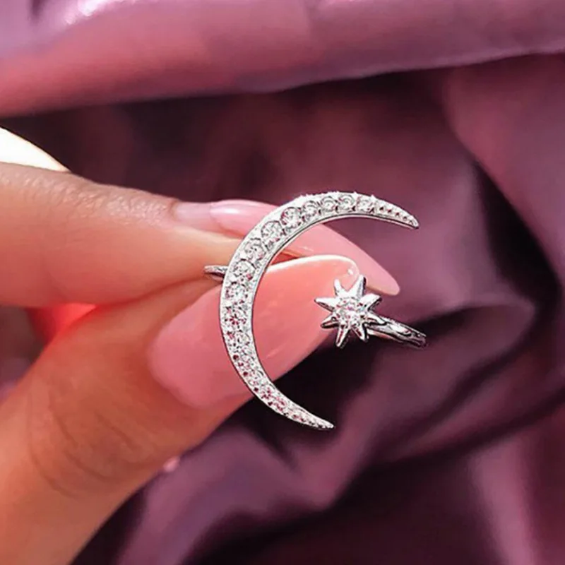 

Trendy Moon & Star Dazzling Open Finger Ring For Women & Girls Jewelry Pure Wedding Engagement Jewelry Gifts Charming Rings
