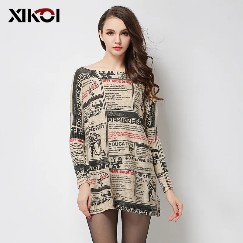 

XIKOI 2018 New Oversized Sweater Woman Fashion Print Women Sweaters Slash Neck Pullovers Computer Knitted Spring Sweater Women