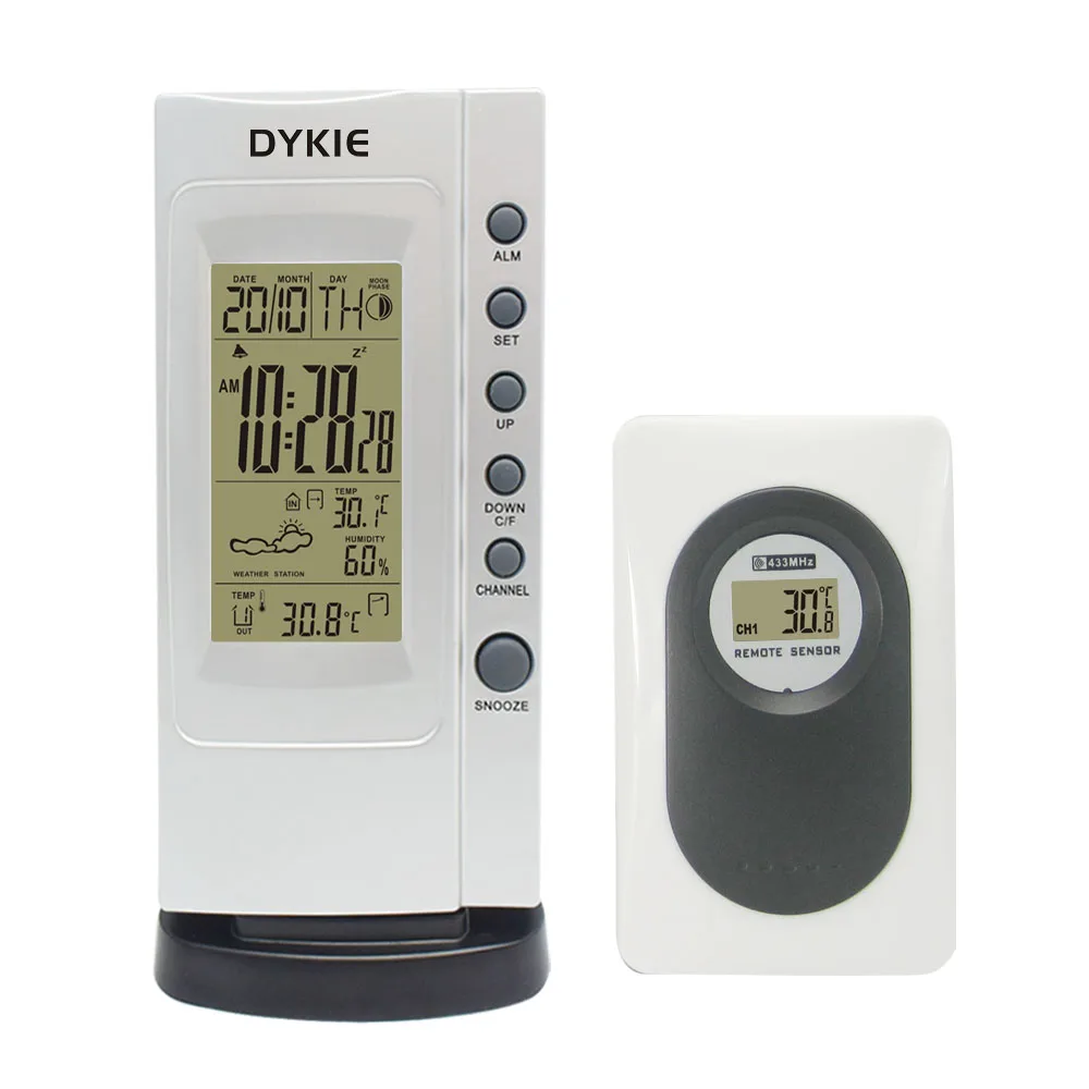 

DYKIE Wireless Weather Stations In/Outdoor Temperature Humidity Wireless Sensor Hygrometer Clock Digital Thermometer