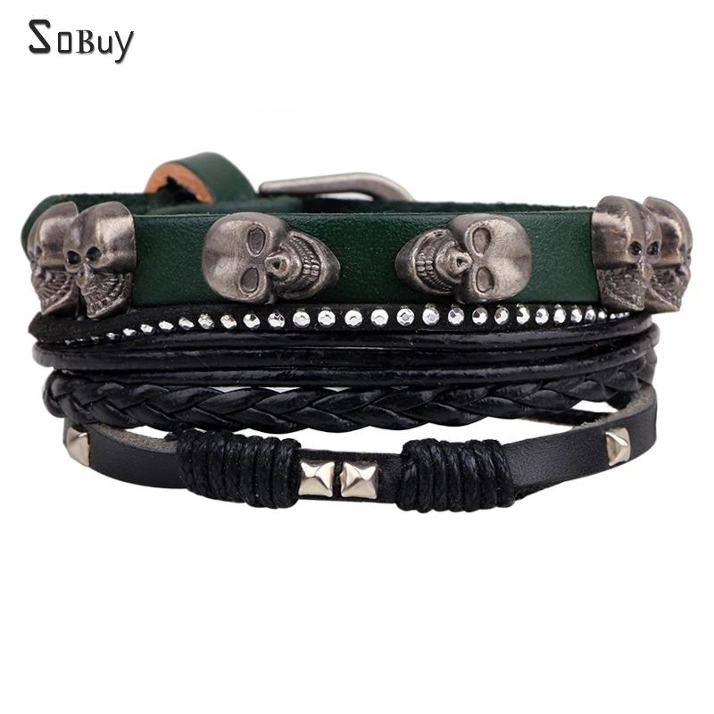 

High Quality Vintage Genuine Leather Bracelet & Bangles Men Jewelry Multilayer Punk Skull Charm Wrap Charm Male Bracelets
