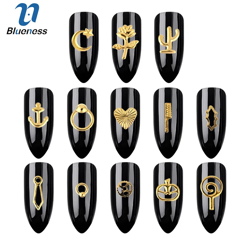 

Blueness 500PCs Metal Gold Glass Studs For Nails Glitter Metal Scrub Design Charms Multi-Shaped 3D Nail Art Decorations