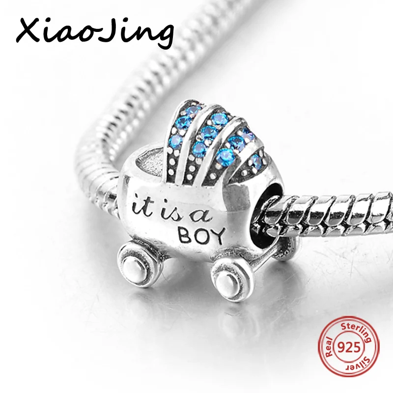 

silver 925 Original baby carriage Charms Beads with blue Zirconia Fit Authentic European Bracelets diy fashion Jewelry for Gifts