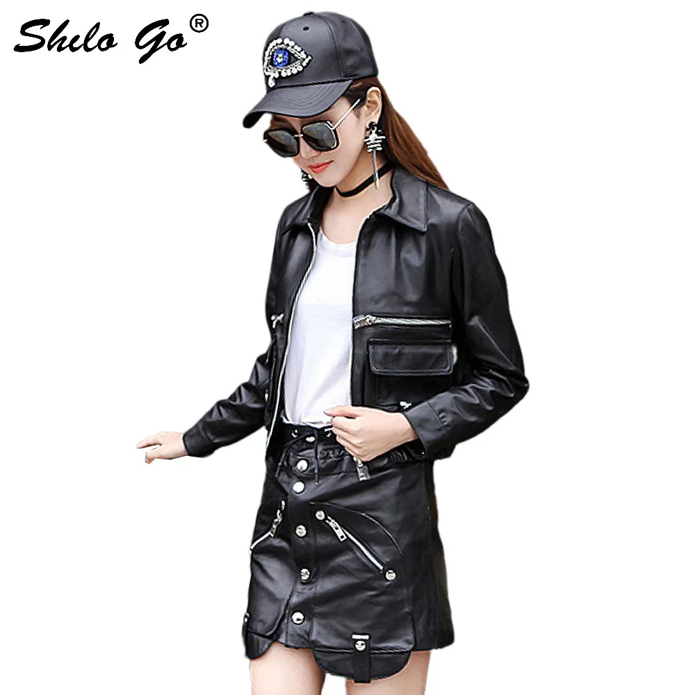 Leather Jacket Womens Spring Fashion sheepskin genuine leather Coat lapel collar side zipper pocket Casual jacket