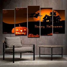 

Printed Wall Art Modular Picture Large Canvas Painting 5 Panel Halloween Pumpkin Lantern For Bedroom Living Room Home Decor