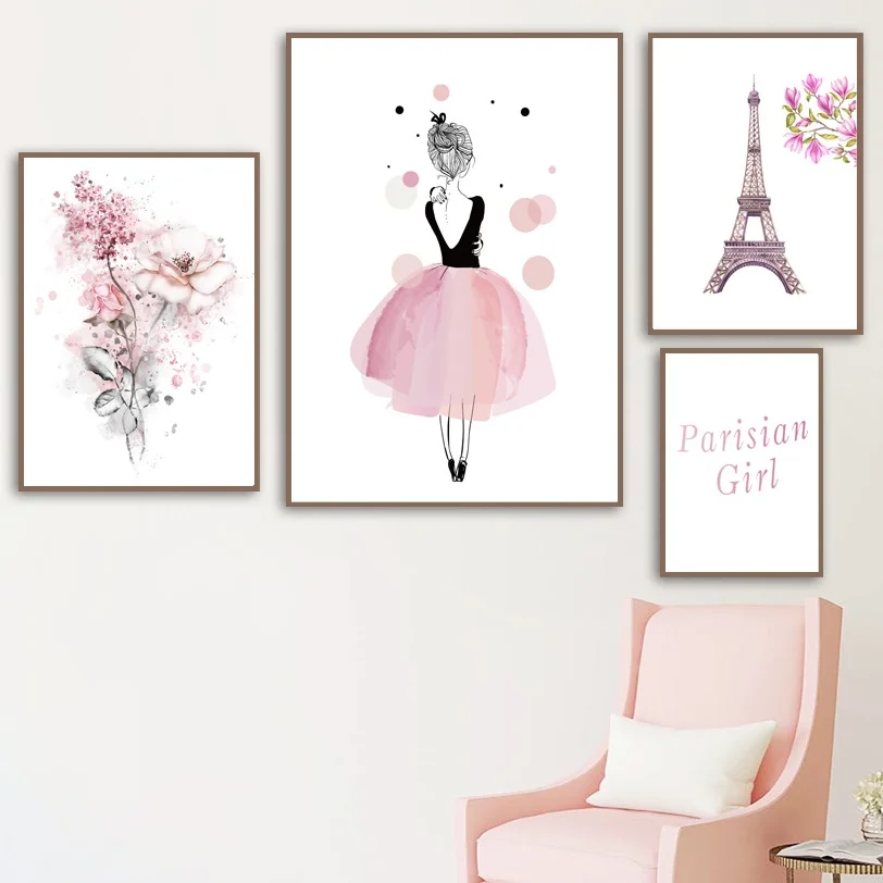 

Watercolor Cherry Magnolia Flower Girl Paris Tower Wall Art Canvas Painting Posters And Prints Wall Pictures For Kids Room Decor