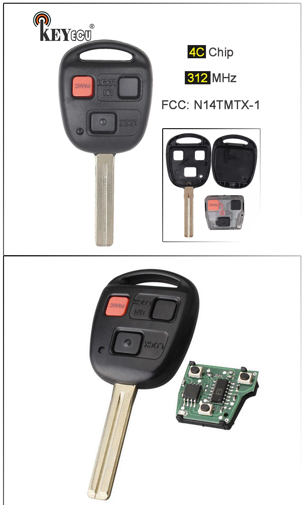 KEYECU 312 МГц 4C Чип FCC: N14TMTX-1 замена 3 кнопки Keyless дистанционный ключ-брелок от машины для Lexus RX300 1999-2003