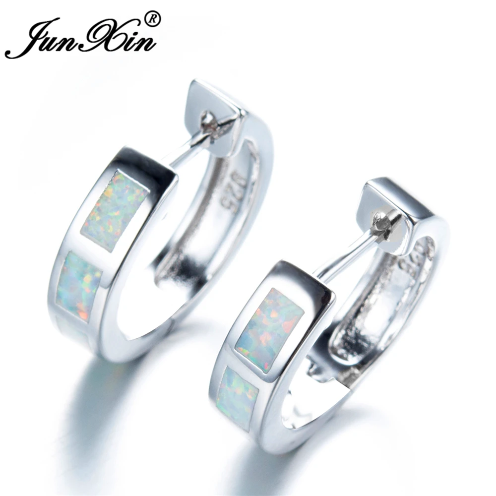 

JUNXIN Women White Round Fire Opal Earring 925 Sterling Silver Filled Hoop Earrings For Women Fashion Jewelry Double Earrings