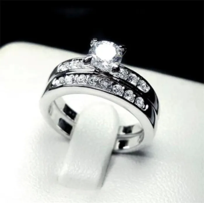 Fashion10kt White Gold Filled Wedding Ring Set For Women Six Claw Simulated Diamond CZ Cocktail Band