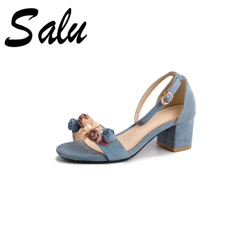 

Salu Large Size Women's Sandals Ankle Strap Fashion Solid Kid Suede Leather Buckle Shoes Handmade 2019 New Wedding Sandals
