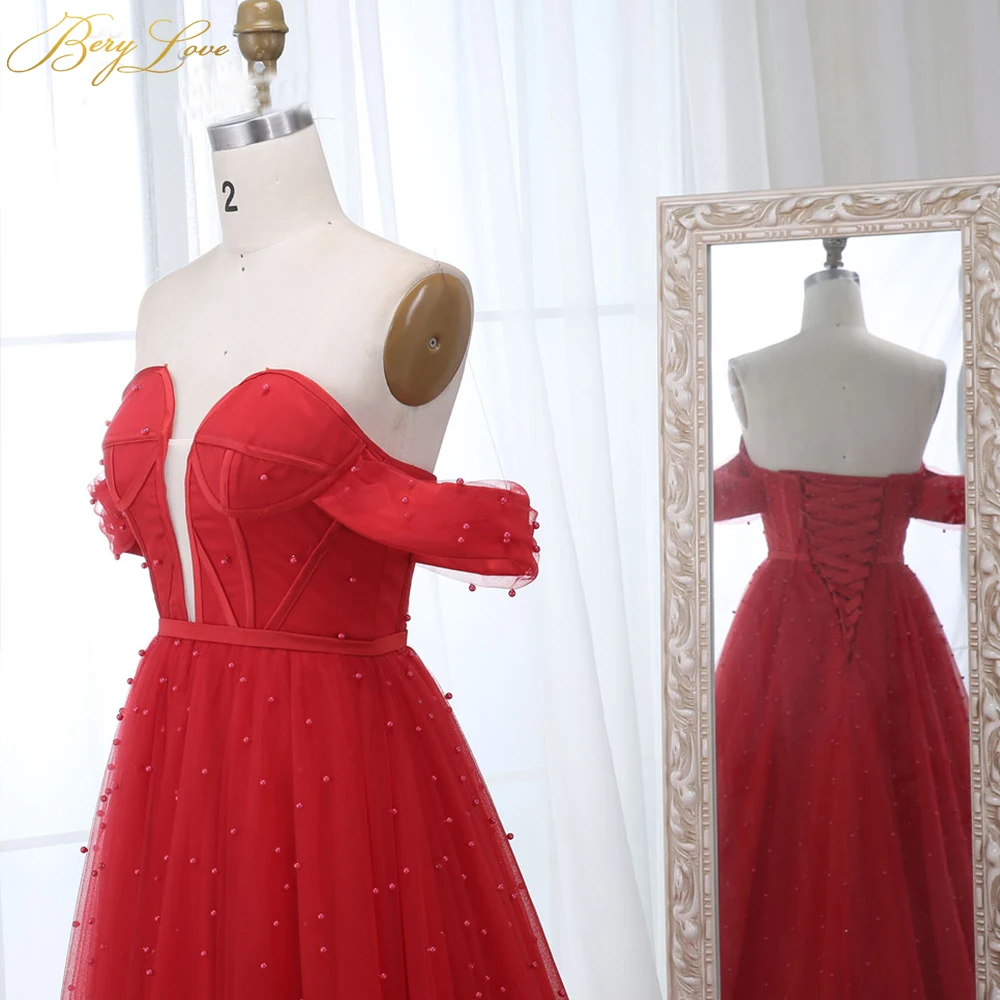 Charming Pearls Red Evening Dresses Long Off-Shoulder Evening Gowns Lace-up Elegant Formal Evening Dress Cheap Prom Dress image 4