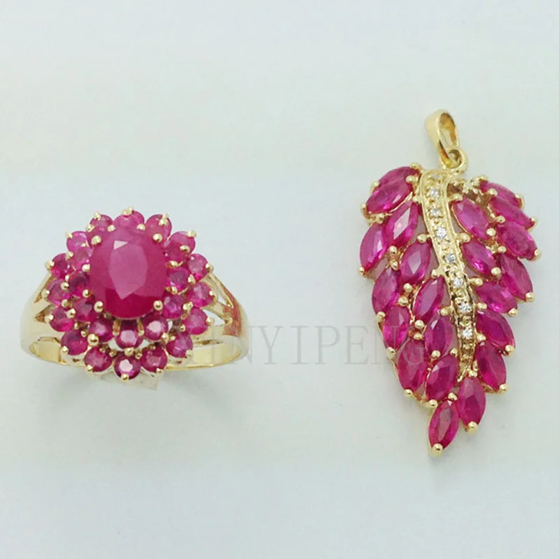 Xin yi peng 18 k yellow gold inlaid natural ruby suit, women ring pendants, fashion, the engagement wedding gift Xin yi peng 18 k yellow gold inlaid natural ruby suit, women ring pendants, fashion, the engagement wedding gift