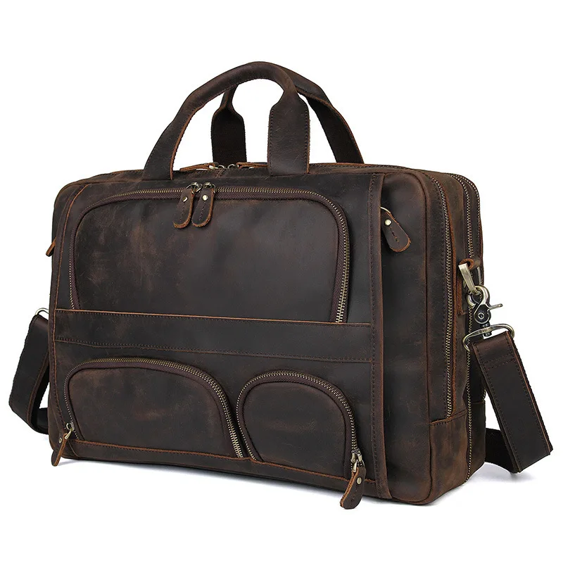 В европейском и американском стиле ретро Стиль мульти-карман Бизнес сумка Crazy Horse кожа Для мужчин кожаные 17 "ноутбук сумки большой Портфели