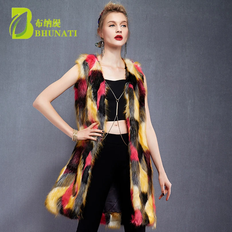 BHUNATI Women Multicolor Long Faux Fur Coat Hit Color Artificial Fur Furry Vest Slim Sleeveless Colorful Coats BCD1507097