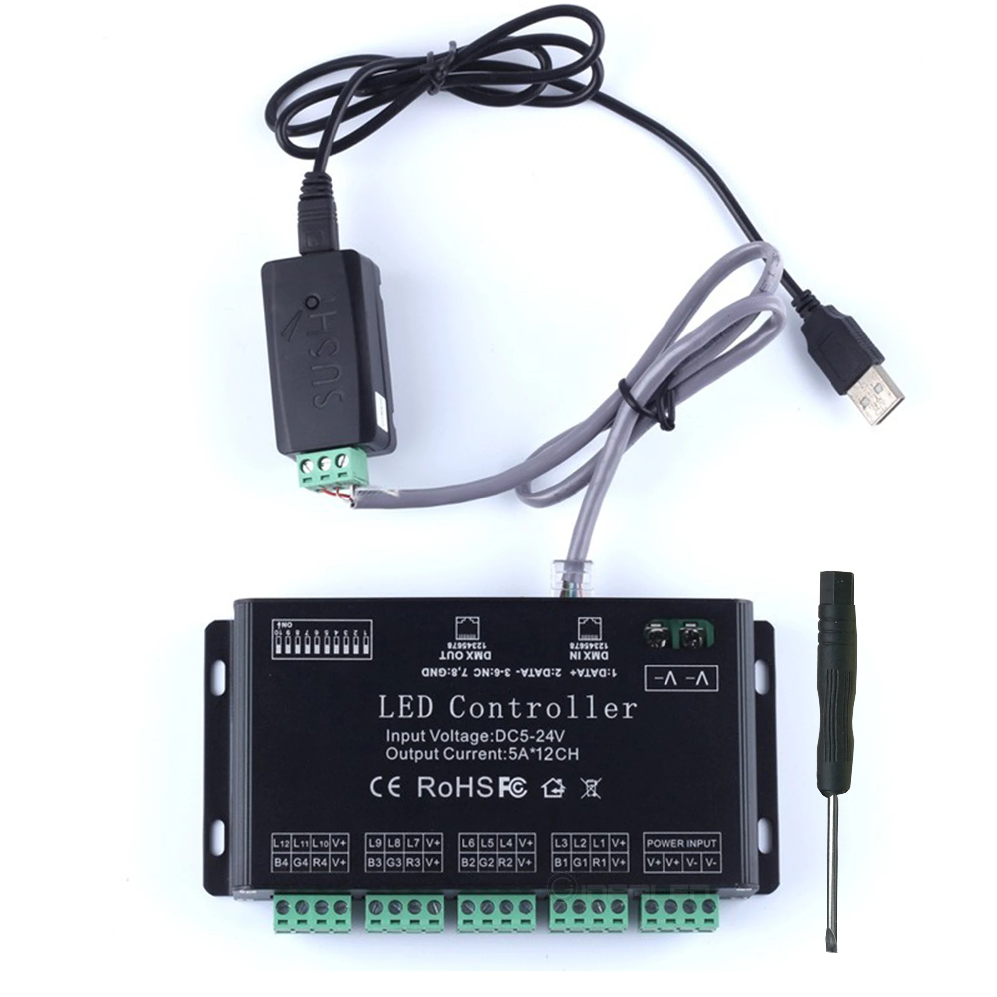DIY USB DMX512 Controller DMX512 software Control to 12 Channel DMX Decoder For DC5V-24V LED RGB LED Strip dimmer driver