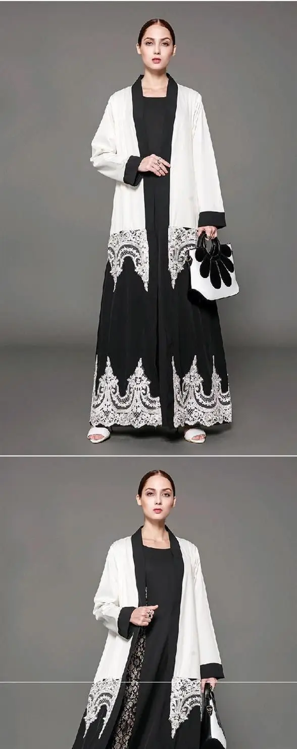 Модные кружевные лоскутные мусульманские женские abaya, черные, белые, смешанные цвета, открытые спереди, большие размеры, 5XL, свободное