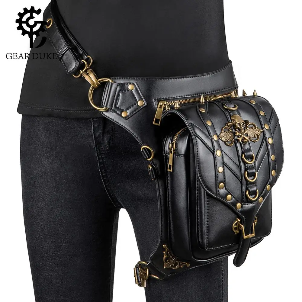 

high quality unisex steam punk goth style shoulder crossbody messenger bag soft leather rivets belt waist bags bolsas de mujer