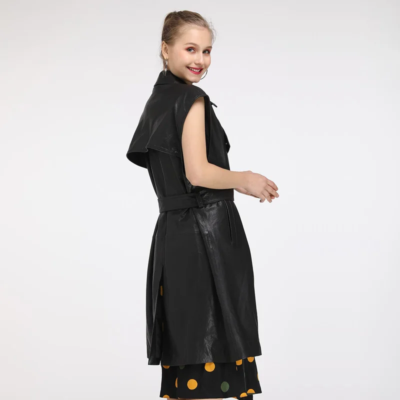 Maylofuer New Long Genuine Leather Jacket Women Real Leather Vest with Belt Fashion Coats