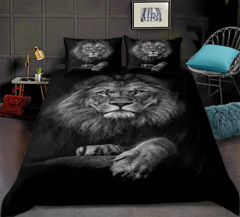 Черный пододеяльник с рисунком льва набор 3D реалистичные постельные принадлежности, рисунок с животными набор мягкое покрывало из микрофибры 3 шт постельное белье - Цвет: 01
