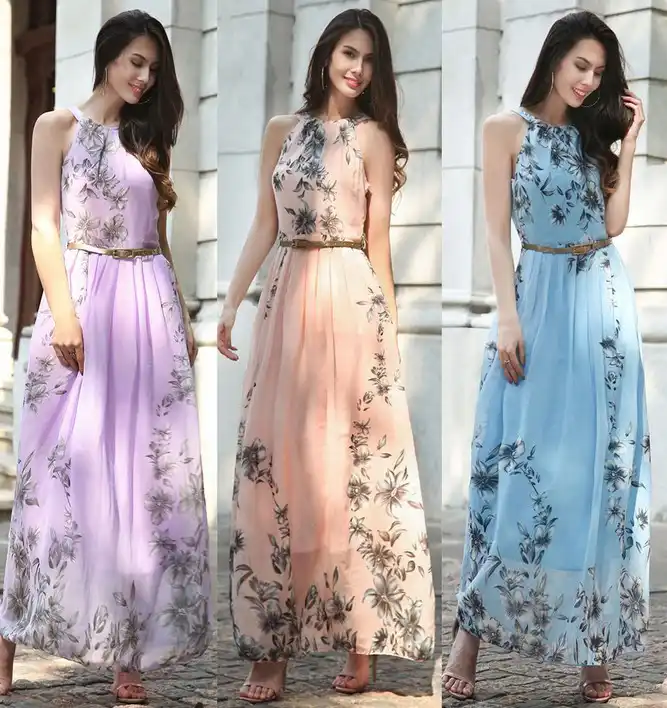 Long Chiffon Bridesmaid Dress Wedding Guest Party Elegant Printed