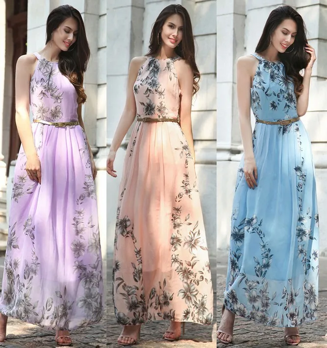 

Long Chiffon Bridesmaid Dress Wedding Guest Party Elegant Printed Chiffon Beach Dress Sleeveless Round Neck Hanging Neck Prom