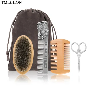 

TMISHION Men Moustache Brush Kit with Beard Comb Scissor Storage Bag Repair Beard Modeling Cleaning Care Kit Barber Accessories
