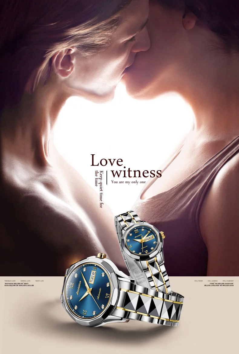 Высококачественные парные часы JSDUN, роскошные механические мужские часы из нержавеющей стали, водонепроницаемые автоматические часы для влюбленных, розовое золото