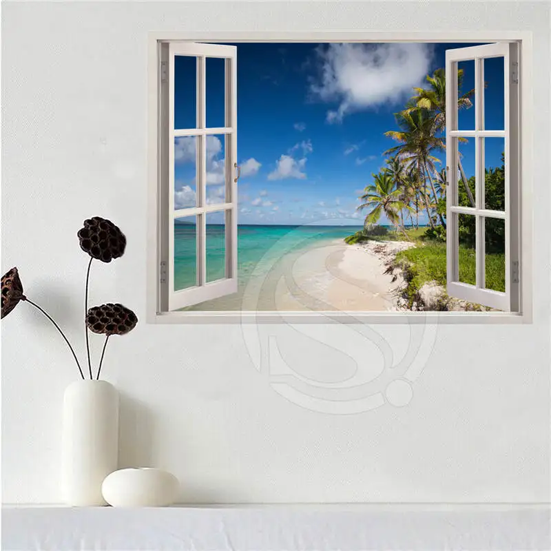 

Custom canvas poster Beach of the Caribbean in the window poster cloth fabric wall poster print Silk Fabric Print SQ0611