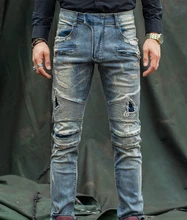 High Quality Biker Jeans Mens Slim Elastic Skinny Straight Regular Mens Jeans With Holes Ripped Patch Design Zipper Denim Pants