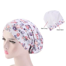 Новинка, Женская хлопковая мешковатая шляпа с принтом, атласная подкладка, кепка chemo, эластичная лента, шапка для ночного сна, головной убор, аксессуары для волос