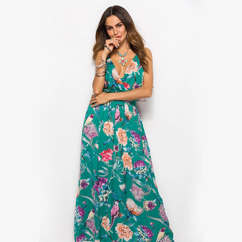 Image Sexy Deep V Neck Floral Women Dress Long Print Backless Sleeveless Female Dress 2019 Summer Beach Style Fashion Casual Clothing