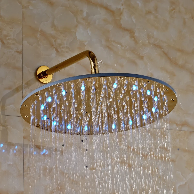 Luxury Gold Finished Wall Mounted 16" LED Brass Bathroom Shower Head
