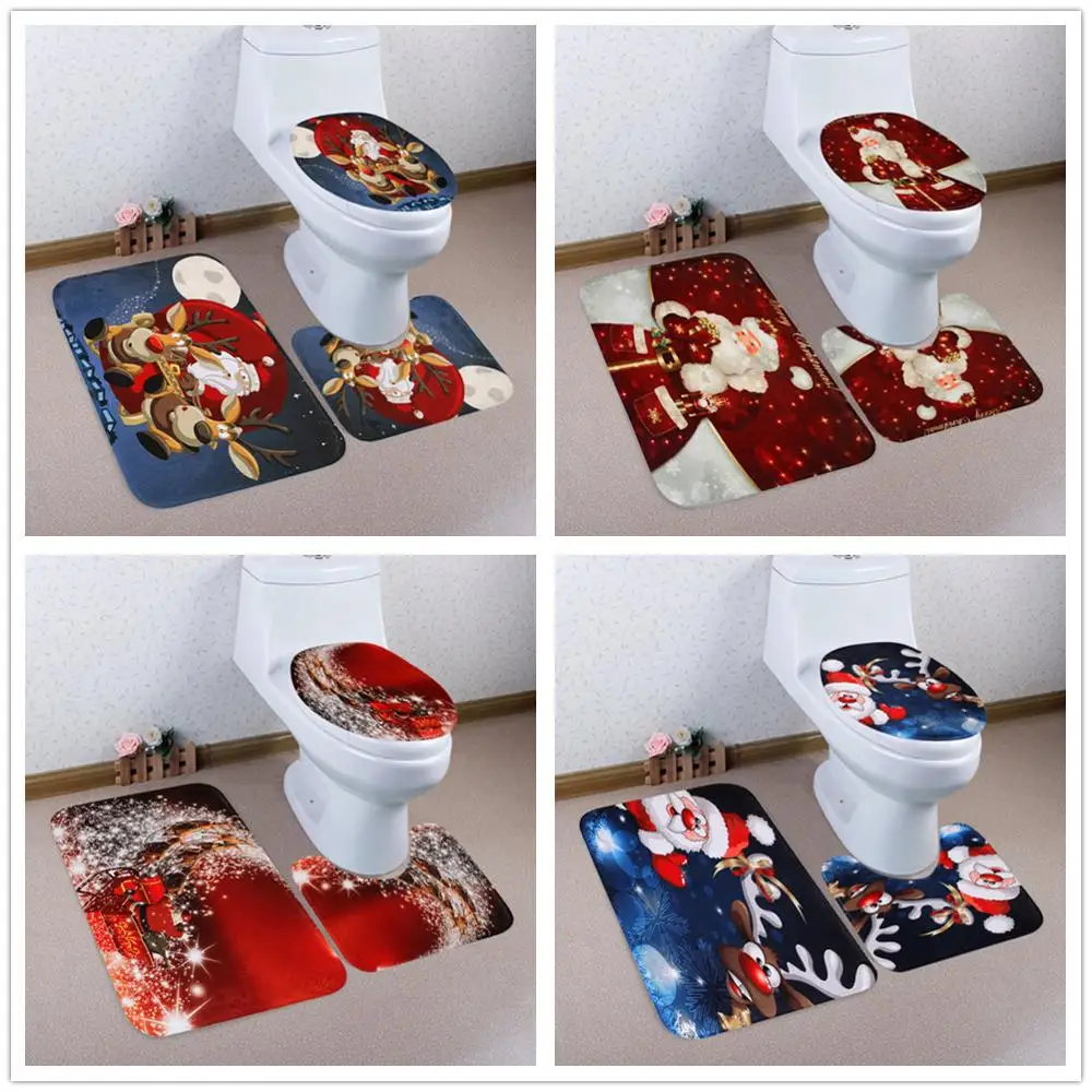 

3Pcs/set Bathroom Mat Set Flannel Anti-Slip Kitchen Bath Mat Carpet Bathroom Toilet Rug Washable Merry Christmas